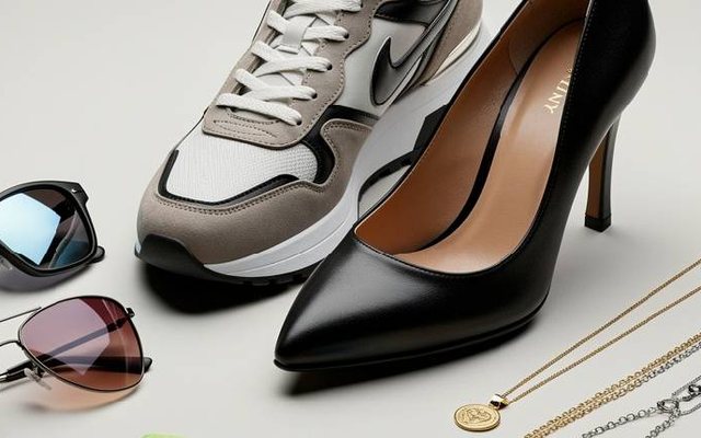 Sunglasses, sneakers and heels on a white table